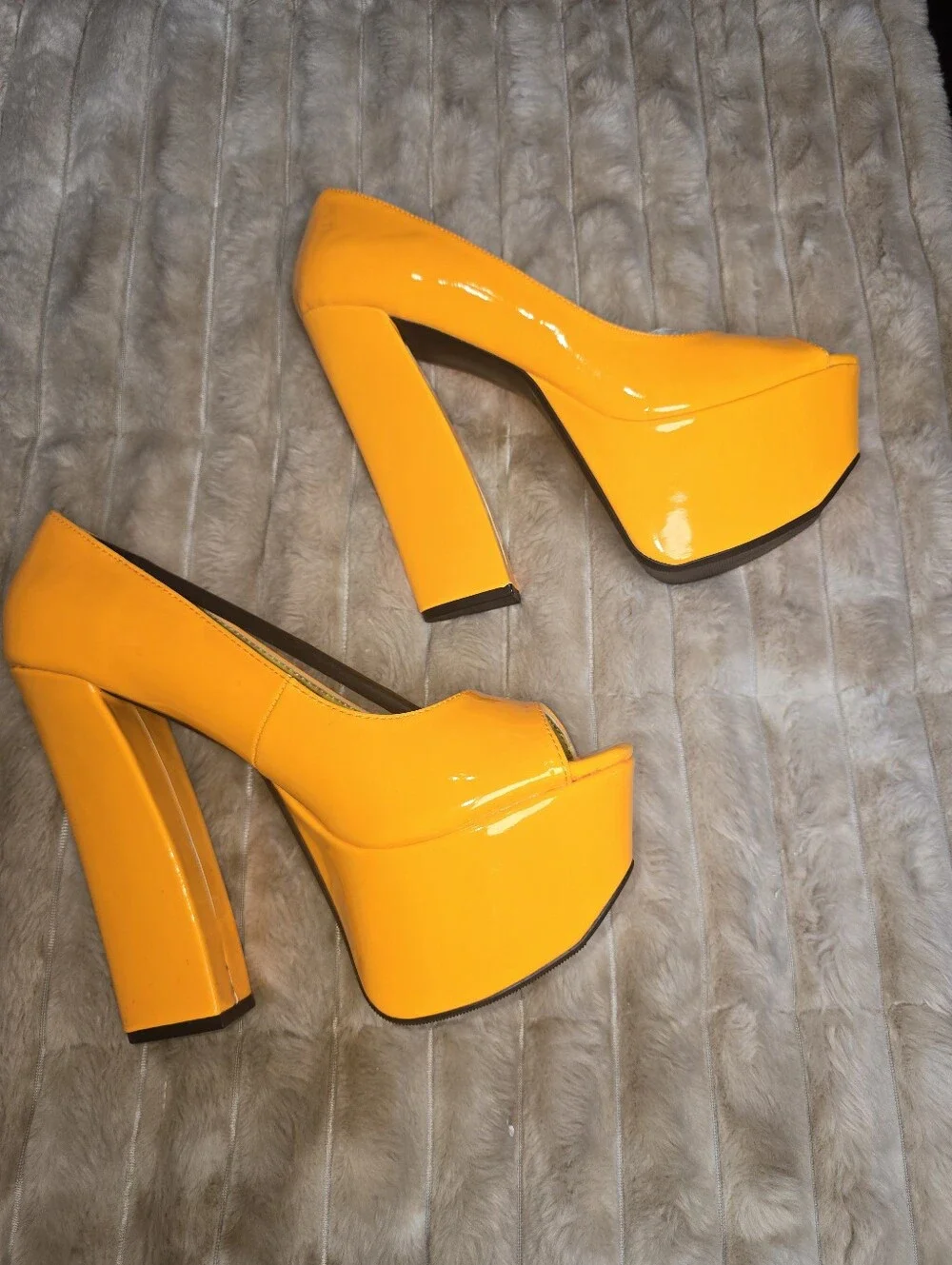 Patent Yellow Platform Peep-Toe Block Heels